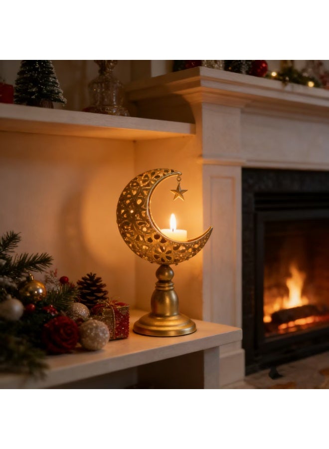 Golden Moon Shaped Candle Holder, Ramadan Decorative Metal Tealight Holder with Star Pendant, Islamic Eid Ornament for Table Centerpiece, Home Decor, Bedroom, Living Room, Arabic Style Candle Stand for Ramadan, Eid al-Fitr, Wedding, Party（ZYZT-07A） - Image 3